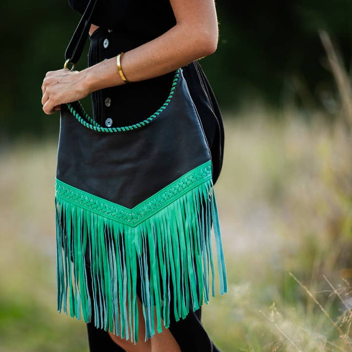 Native hearts - Wholesale Crossbody Bag - Women's - Western Leather Bags with Tassels - Green and Black3
