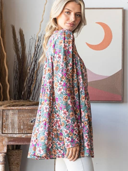 DUSTY TEAL ET7001-12 LONG SLEEVE FLORAL PRINT TIRED TOP for wholesale on Faire