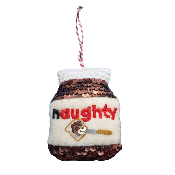 The Naughty/Nice Chocolate Spread Ornament for wholesale by Kate Gwilliam