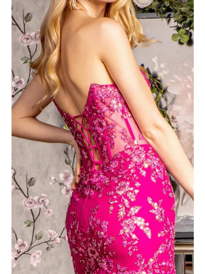 Magenta Sequin Sheer Bodice Ruffled Skirt Mesh Trumpet Long Dress for wholesale on Faire