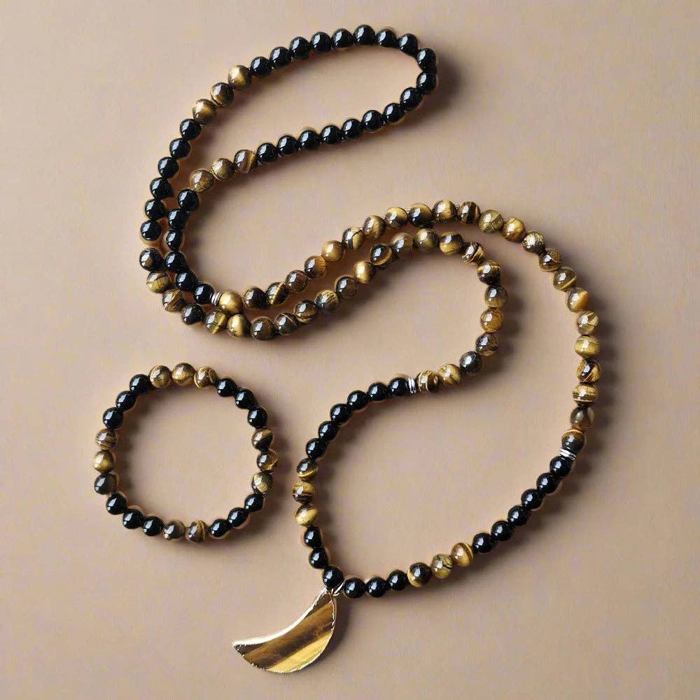 Harmony Mala – wholesale Beaded/pearl necklace – Black Onyx and Tiger Eye Moon Pendant Mala Bead Necklace 2