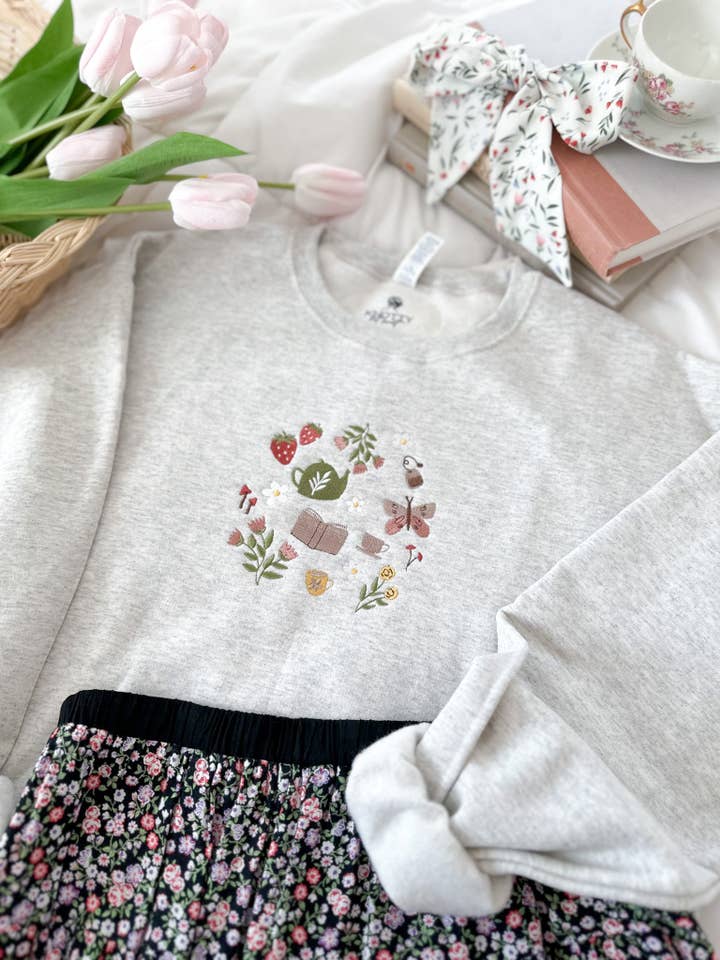 Embroidered Garden Tea Party Sweatshirt for wholesale by Knotty But Sweet