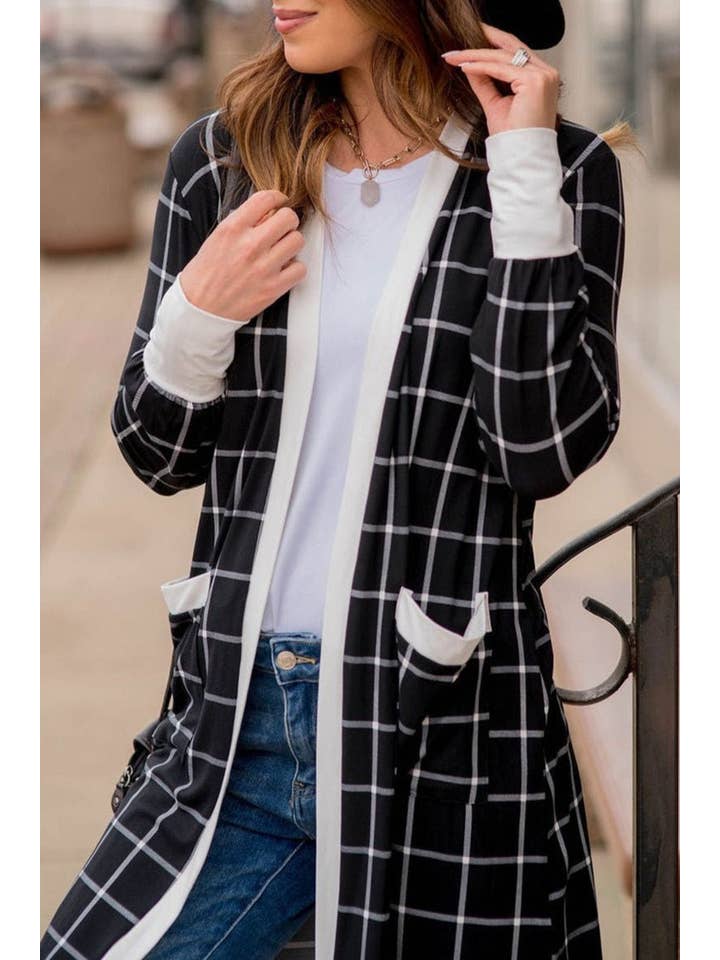 Black Plaid Colorblock Pocketed Cardigan for wholesale on Faire