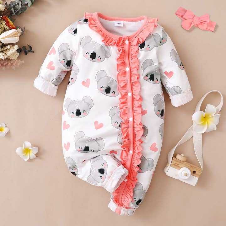 2pcs All Over Cartoon Koala Long sleeve Jumpsuit Set for wholesale by PatPat