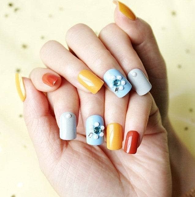 Press On Nails Yellow Glossy Light Blue Square Crystal Nail Kit for wholesale on Faire1