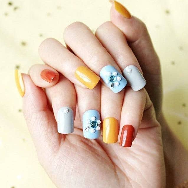 Press On Nails Yellow Glossy Light Blue Square Crystal Nail Kit for wholesale on Faire1