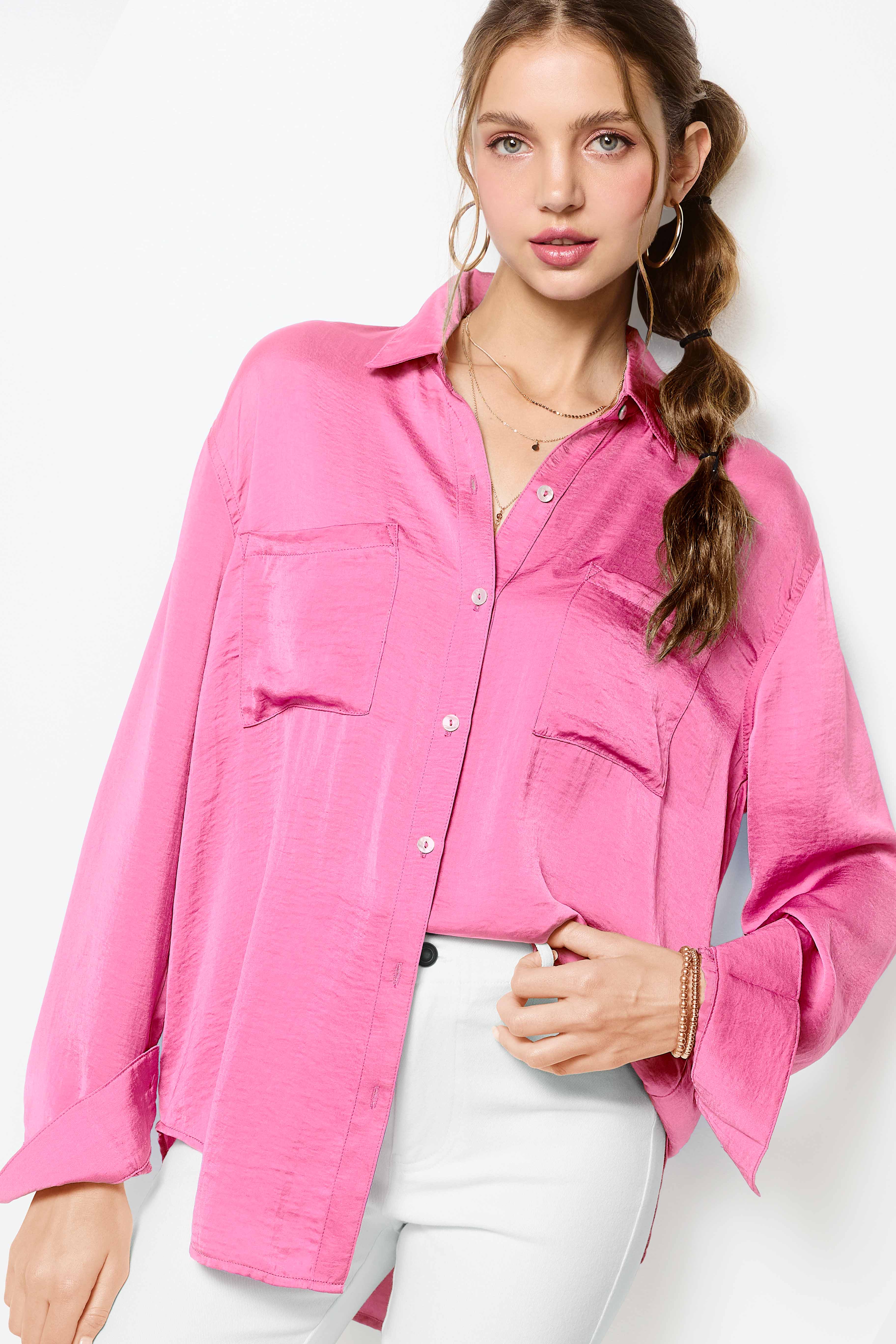 La Miel - Wholesale Button Down Shirt - Women's - SRT7452-Silky and Flowy Button Down Long Sleeve Shirts29