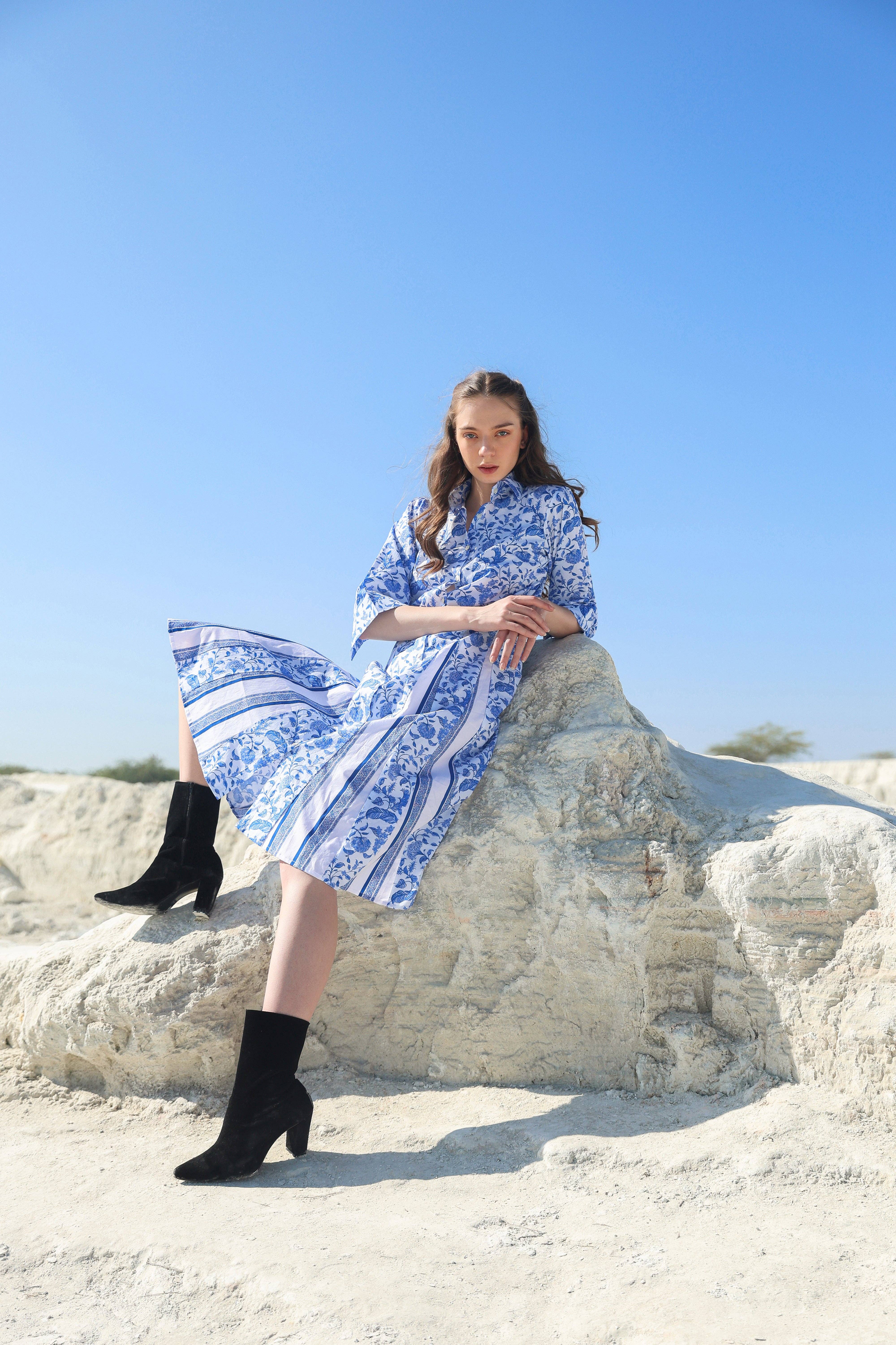 Sky blue Ocean classic floral Midi dress for wholesale on Faire4