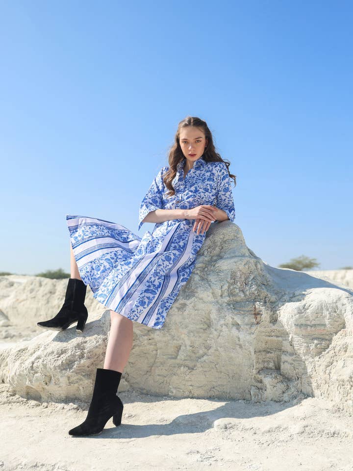 Sky blue Ocean classic floral Midi dress for wholesale on Faire4