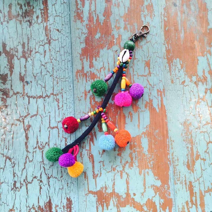 Lumily - Wholesale Purse/Bag Accessory - Women's - Cascade Pom Pom Keychain | Handmade Zipper Pull with Beads and Bells | Thailand2