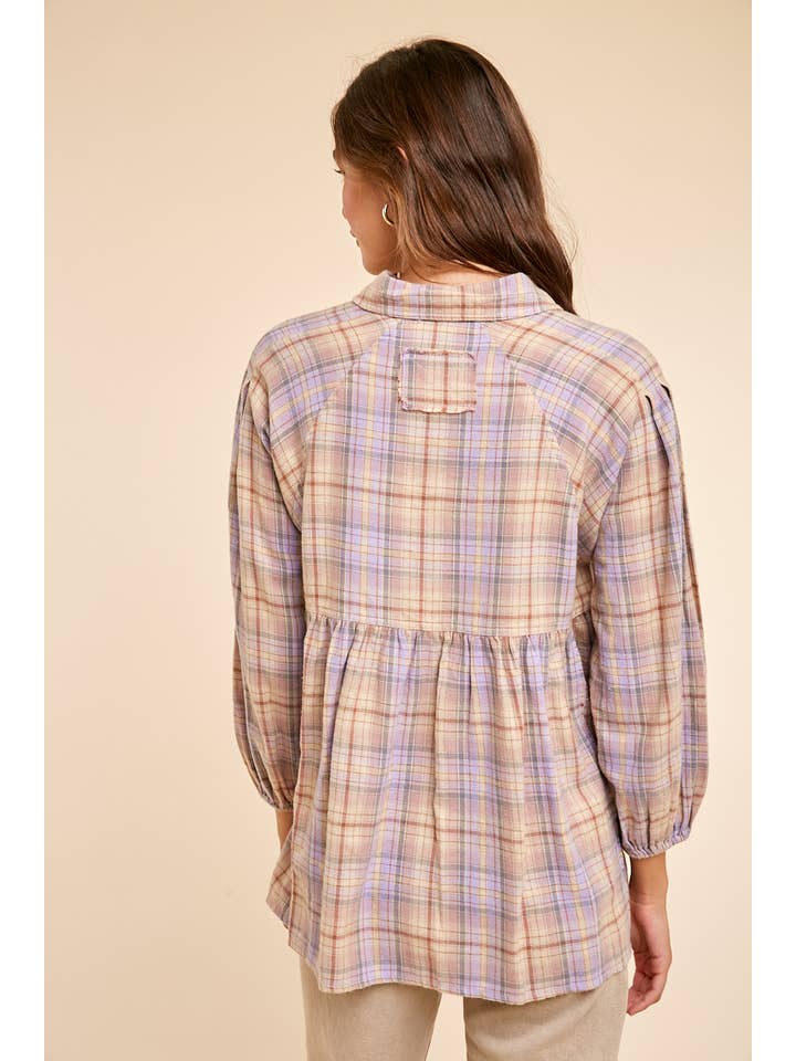 In Loom - Wholesale Button Down Shirt - Women's - GARMENT WASHED PLAID BUTTON DOWN TUNIC
