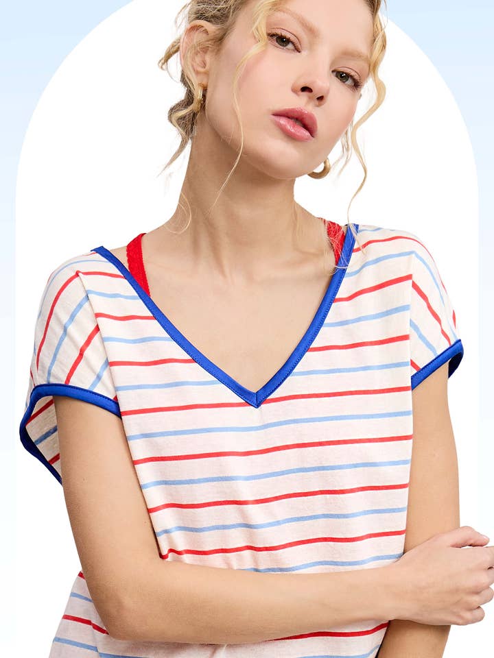MDT7707-Casual Color Contrast Striped V Neck T-Shirt for wholesale by La Miel