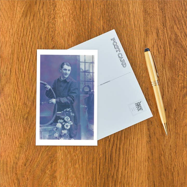 Found Image Press - Wholesale Postcard - Postcard CY-50 Purplish Photo of Man with Bicycle Wheel1