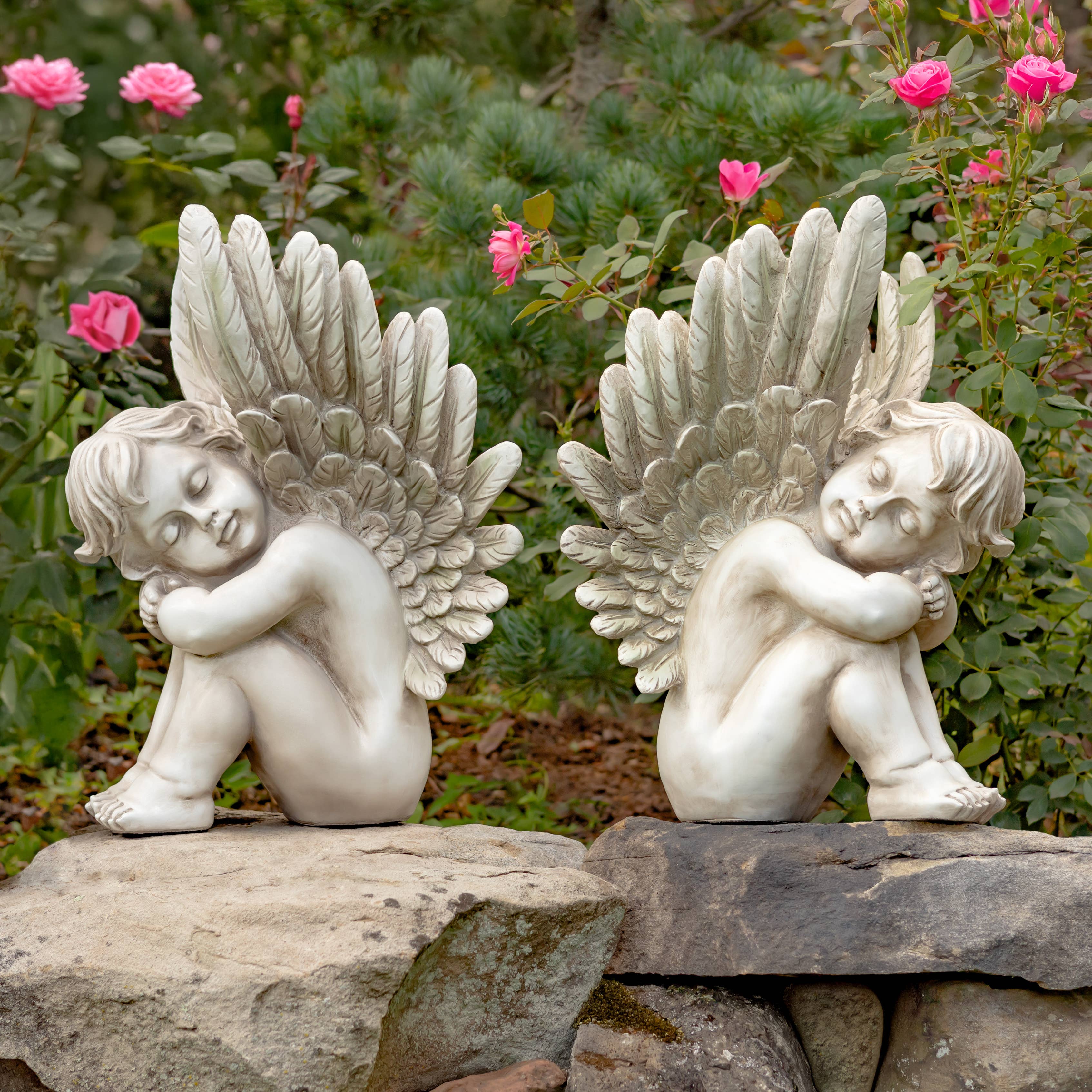 Zaer Ltd. International - Wholesale Outdoor Ornament/Decor - 20" Tall Sitting Polyresin Cherub Statues- 2PC/Set7