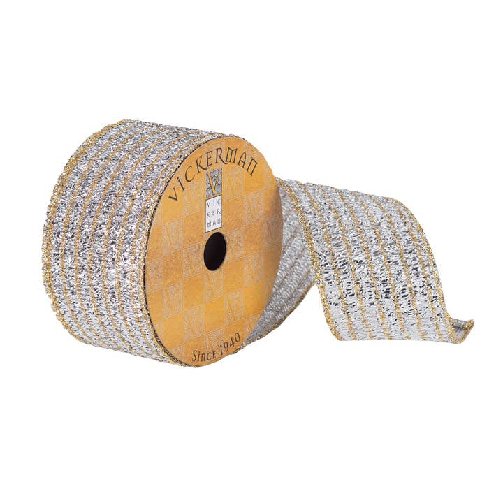 Vickerman 2.5"x10yd Silver/Gold Tinsel Ribbon for wholesale by Vickerman