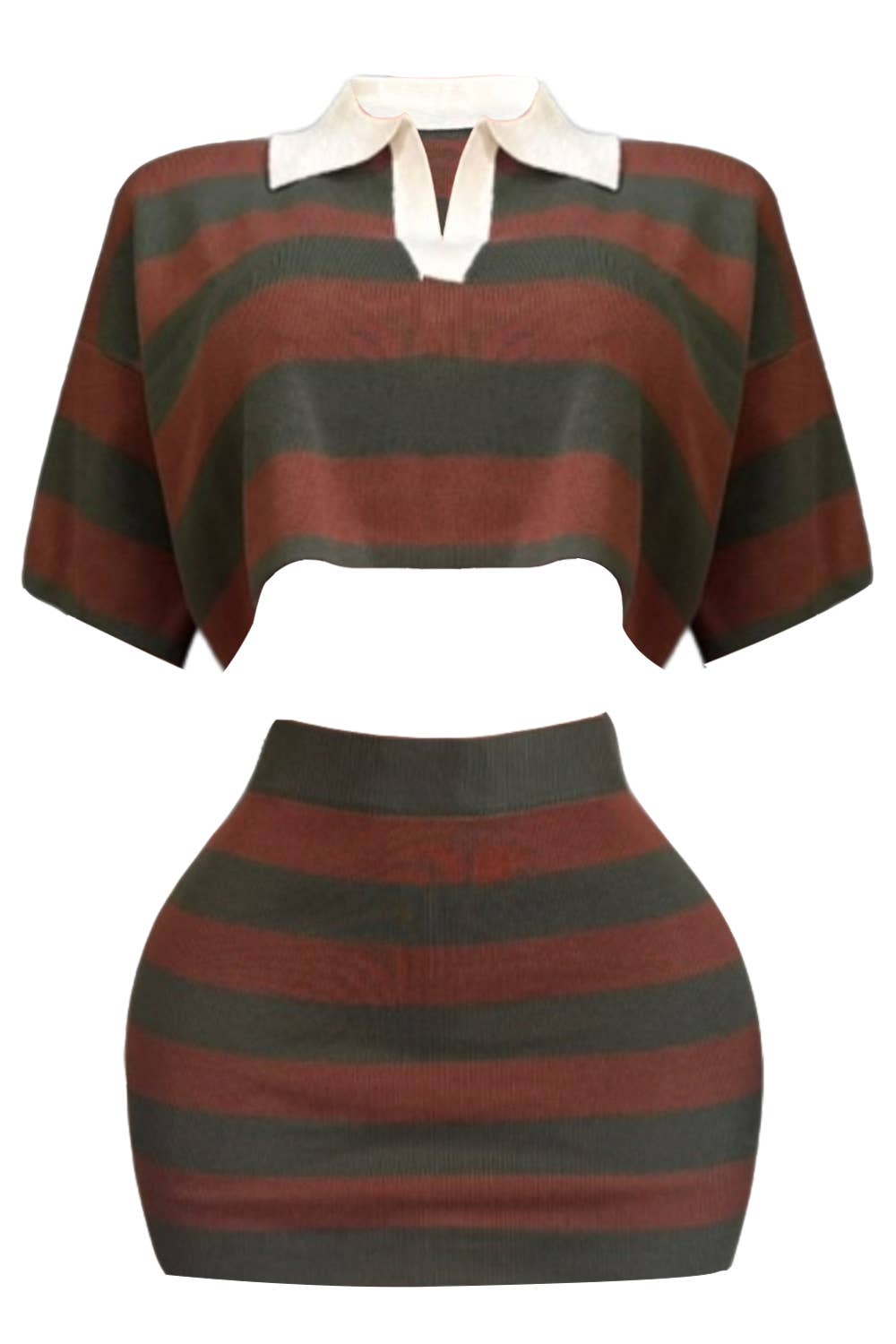 NEWGENS - Wholesale Activewear Set - Women's - NC2121A Striped Knit Polo Crop Top & Skirt Set0