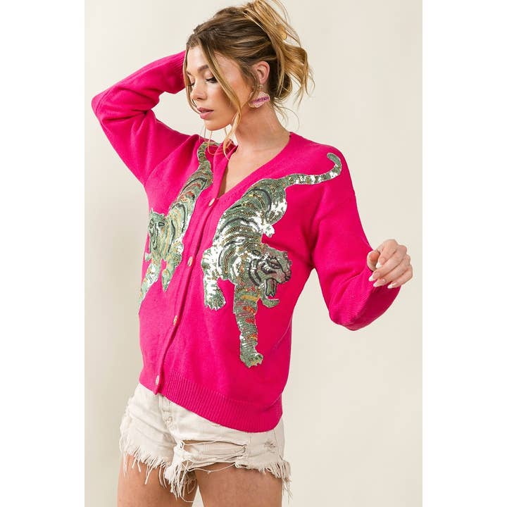 IVE - Wholesale Cardigan - Women's - FRONT TIGER SEQUIN PATCH V-NECK SWEATER CARDIGAN2