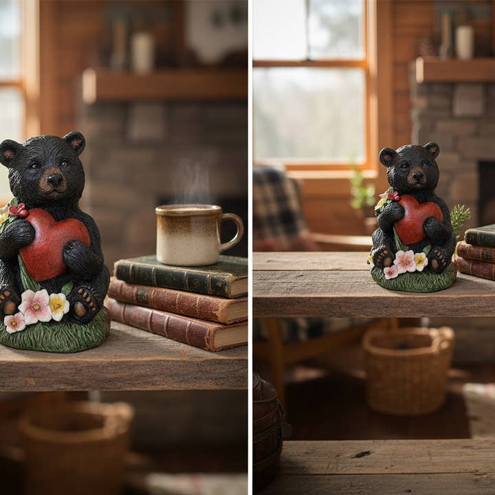 Figurine Love Cabin Lodge en forme d'ourson noir tenant un cœur pour la vente par De Leon Collections