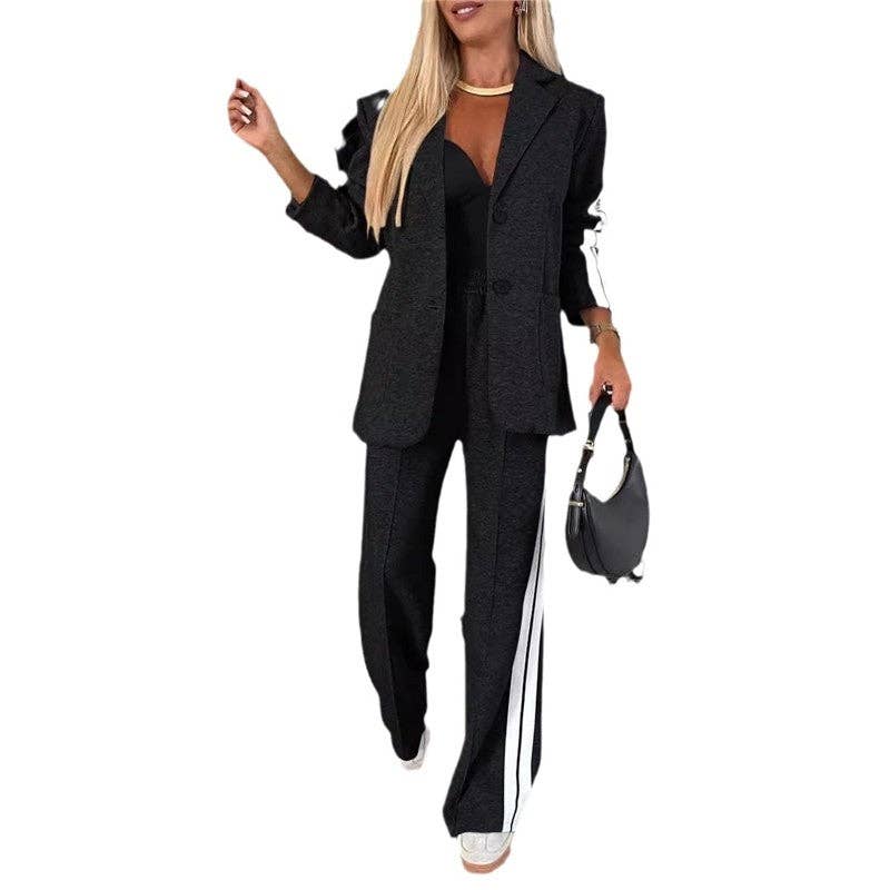 FurDecoration - Vendita all'ingrosso Completo - Donna - Completo casual con blazer a maniche lunghe e pantaloni a blocchi di colore0