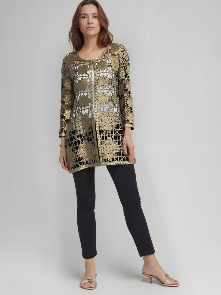 Soutache Long Coverup with Gold foil print (Gold/Army Green) for wholesale on Faire2