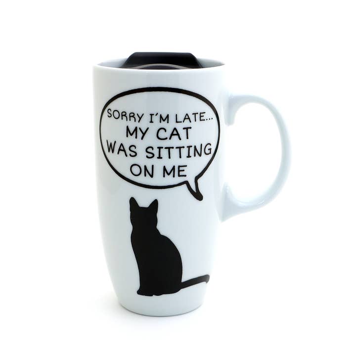Cat travel mug with handle-Sorry I'm late my cat was sitting for wholesale by Lenny Mud