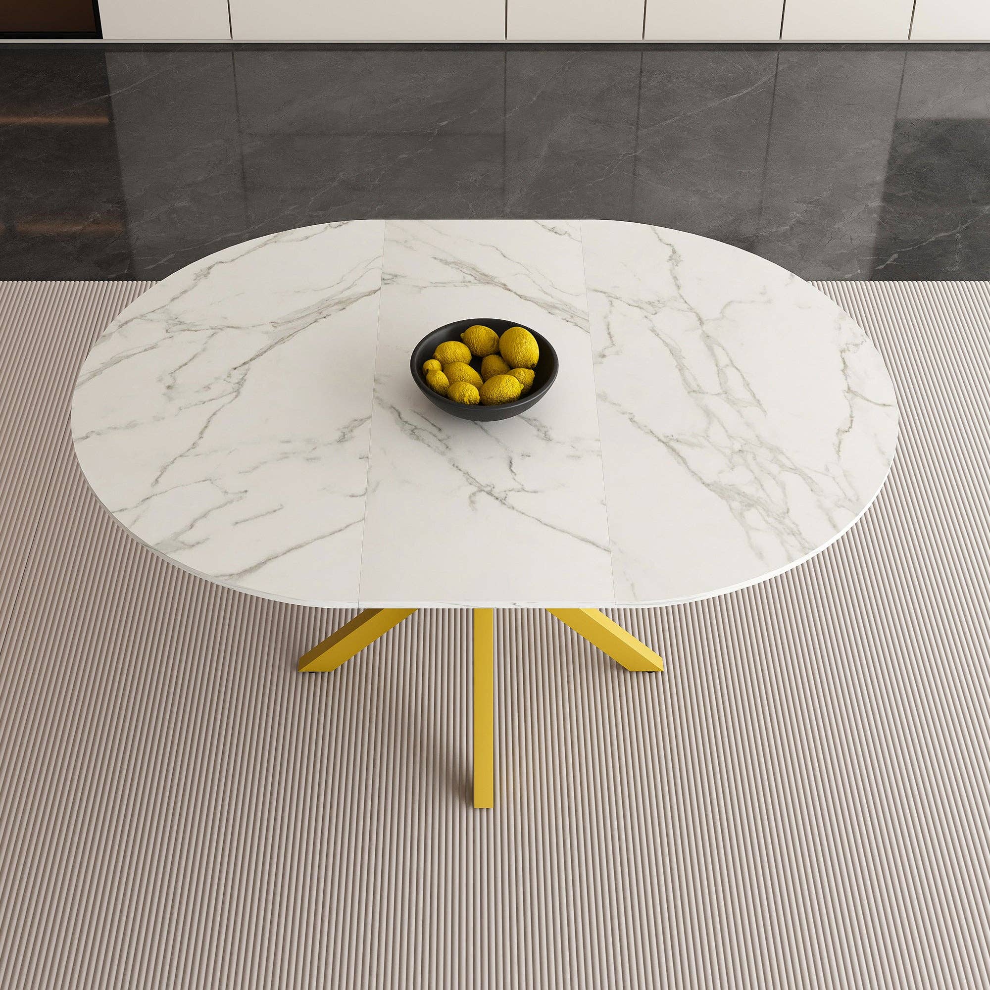 39F Inc. - Wholesale Side Table - Modern Round Dining Table with Extendable Blades, Carbon Steel X-Base, White Marble-Veined Top, MDF and Iron Construction, Fits 4-6 People11
