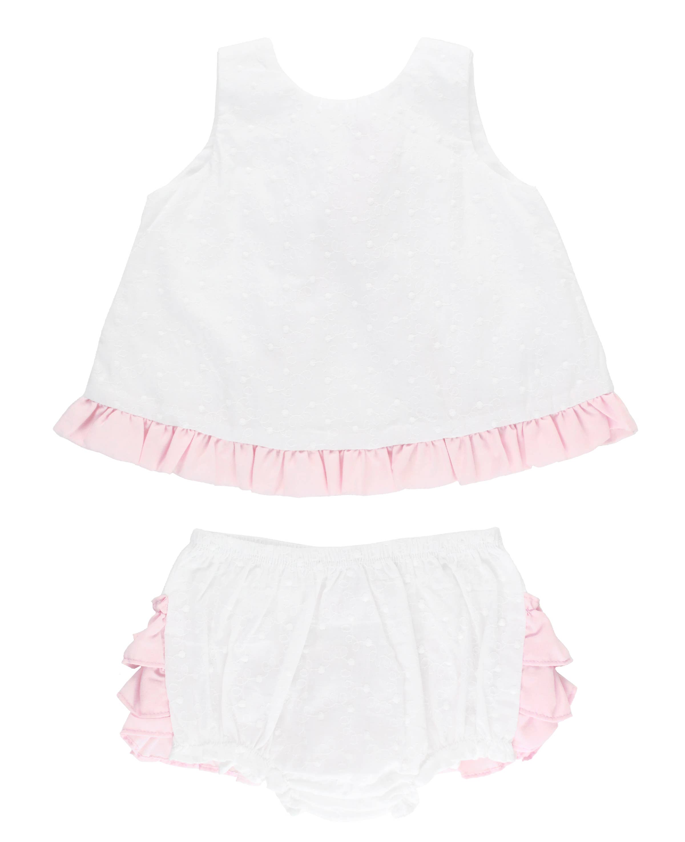 Baby Girls White & Pink Swiss Dot Swing Top & Bloomer Set for wholesale on Faire0