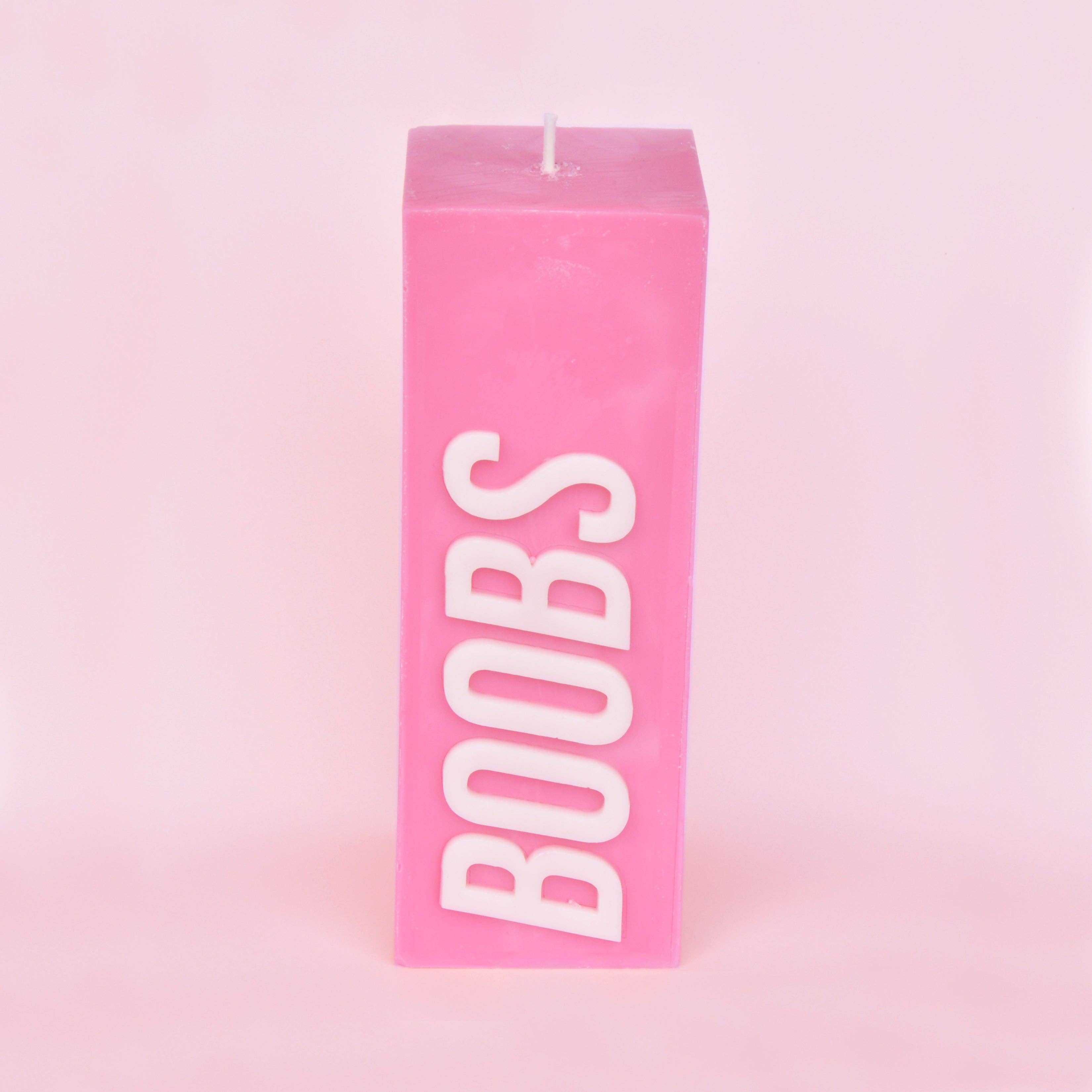 Flamingo Candles - Wholesale Pillar Candle - Pink Ribbon BOOBS Slogan Block Pillar Candle