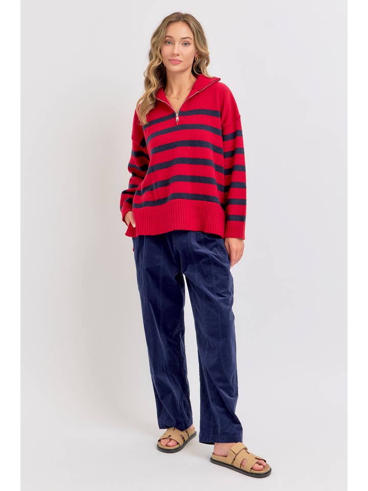 Sweet Lovely by Jen - Wholesale Knit Sweater - Women's - STRIPED ZIP-FRONT OVERSIZED PULLOVER KNIT SWEATER 10