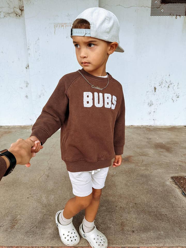 Bubs Chenille Child Waffle Sleeve Crewneck - Faded Mocha for wholesale on Faire5