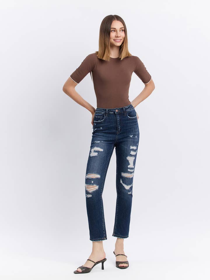 SUPER HIGH RISE DISTRESSED STRAIGHT JEANS F4369 for wholesale by FLYING MONKEY