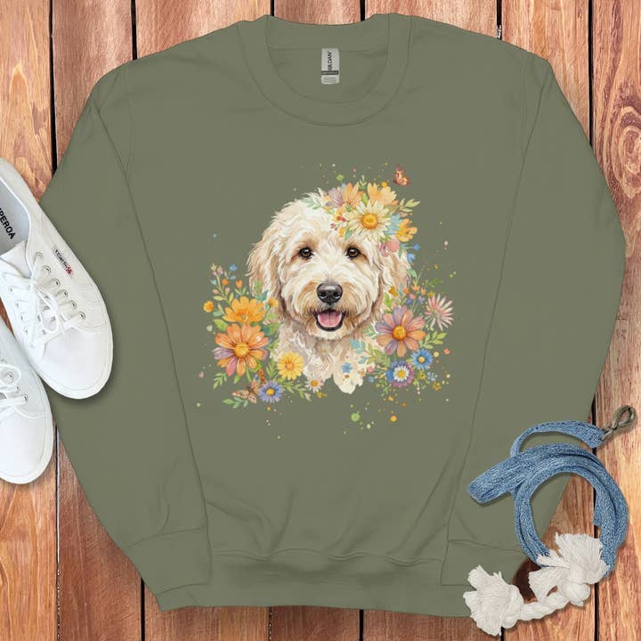 Cream Goldendoodle Floral Sweatshirt for wholesale by Puppy Jo