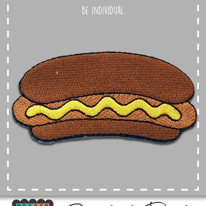 brown Iron-on Patch - Hot Dog with Mustard Food Fast Food for wholesale on Faire