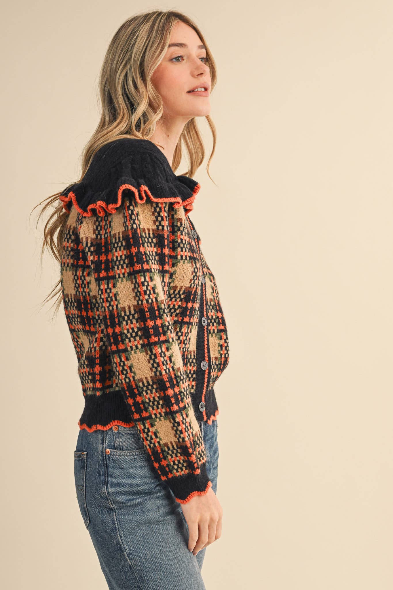 &MERCI - Wholesale Cardigan - Women's - RUFFLED YOKE PLAID SWEATER CARDIGAN MSW111855