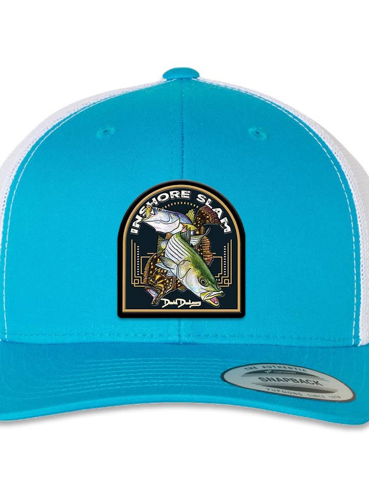 Inshore Slam 6 Panel Trucker Snap Back Turquoise White Hat for wholesale by David Dunleavy