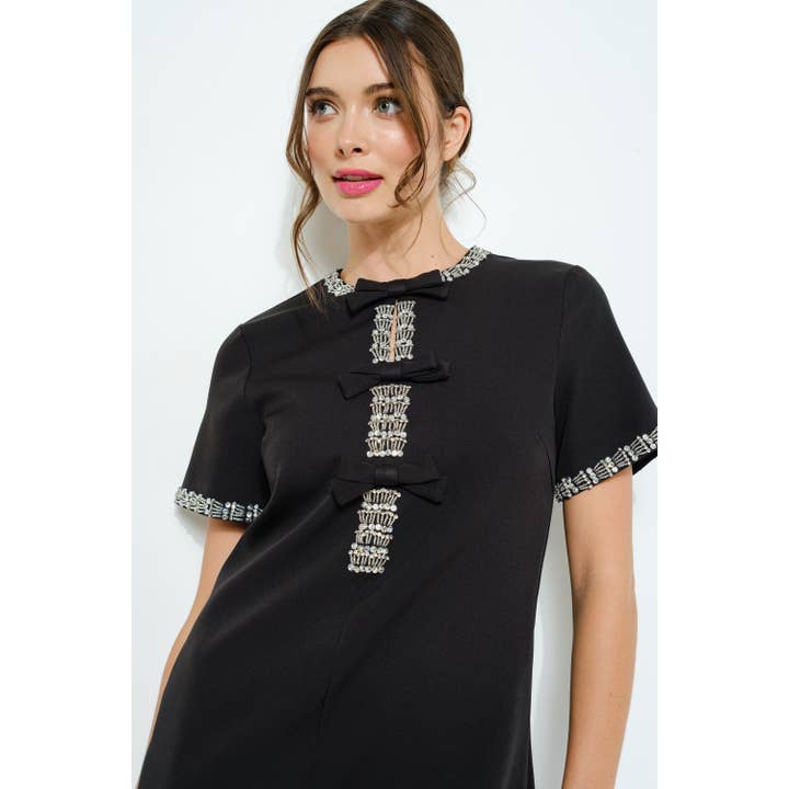 INA - Wholesale Dress - Women's - Beaded and Crystal Embellished Bow Trim Mini Dress2