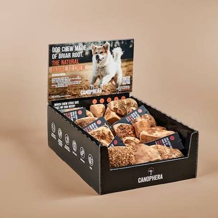 CANOPHERA LLC - Wholesale Pet Chew Toy - Dog - Shelf Display Filled With 16 Briar Root Dog Chews.