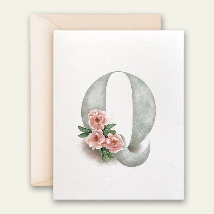 Q Floral Monogram Everyday Greeting Card, Hand Embellished for wholesale by Carciofi Design