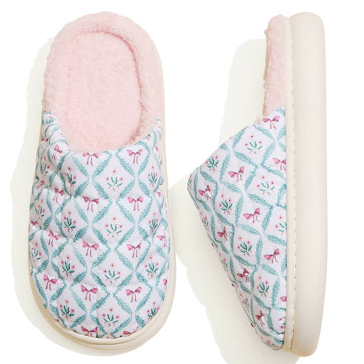 Hana - Wholesale Slippers - Women's - Pink Ribbon with Flowers Puffer Winter Slippers1