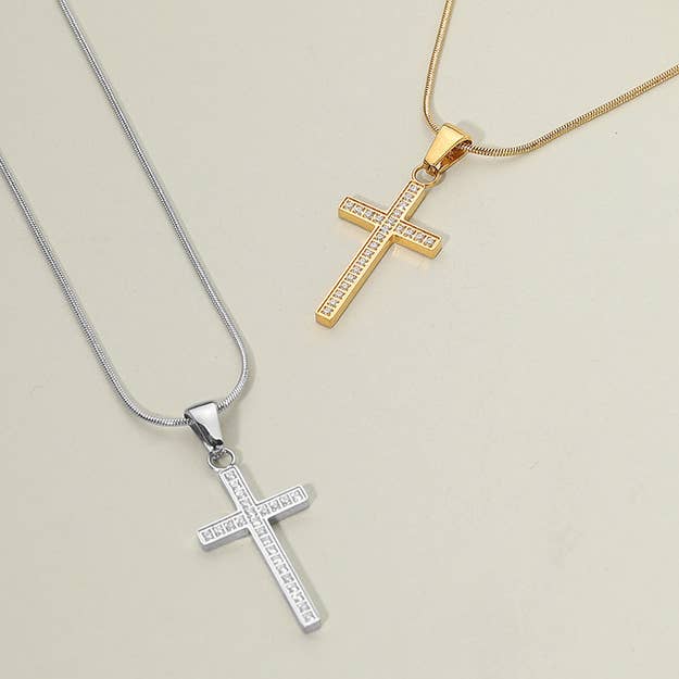 18K Gold Dipped Stainless Steel Stone Paved Cross Pendant Necklace for wholesale by Sensibling Corp.