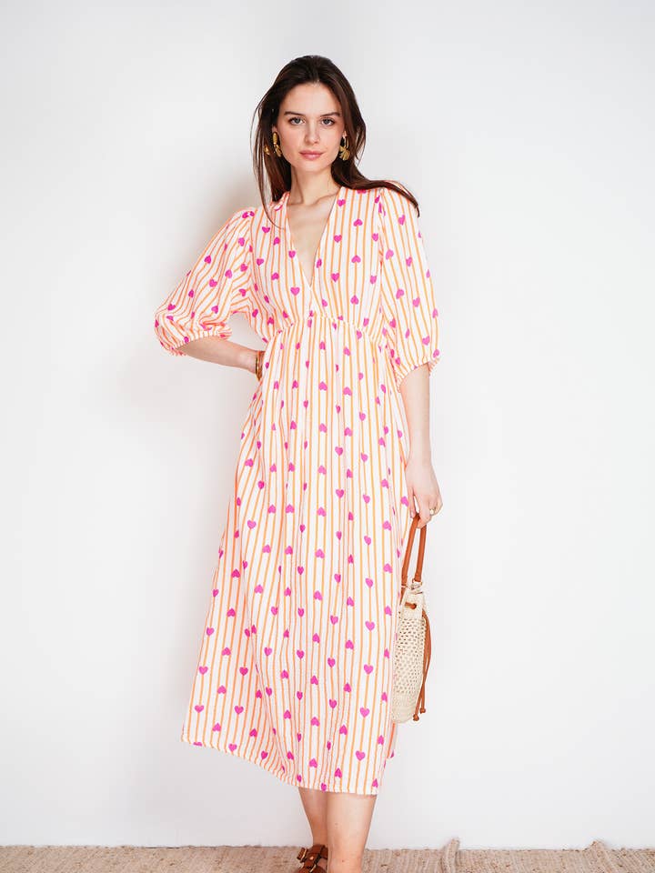 NOELINE - Wholesale Dress - Women's - Printed cotton gauze dress 2394-HEART