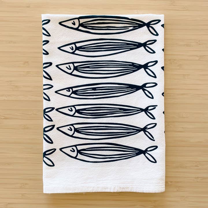 Julie Peach - Wholesale Tea towel - White Sardines 20" Tea Towel - Silkscreened 100% Cotton3