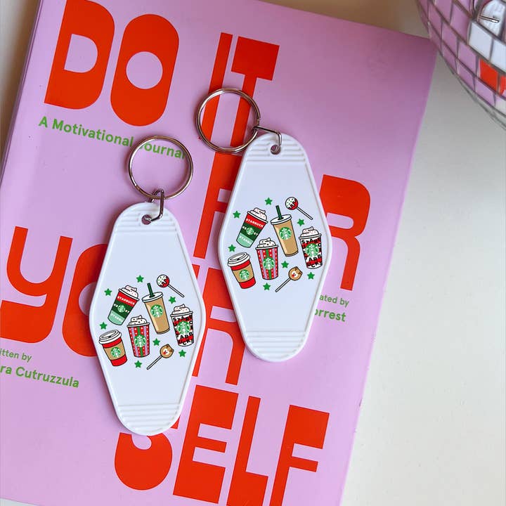 Starbies Holiday Cups Motel Keychain - White Retro Keychain for wholesale by Tash Fox Designz