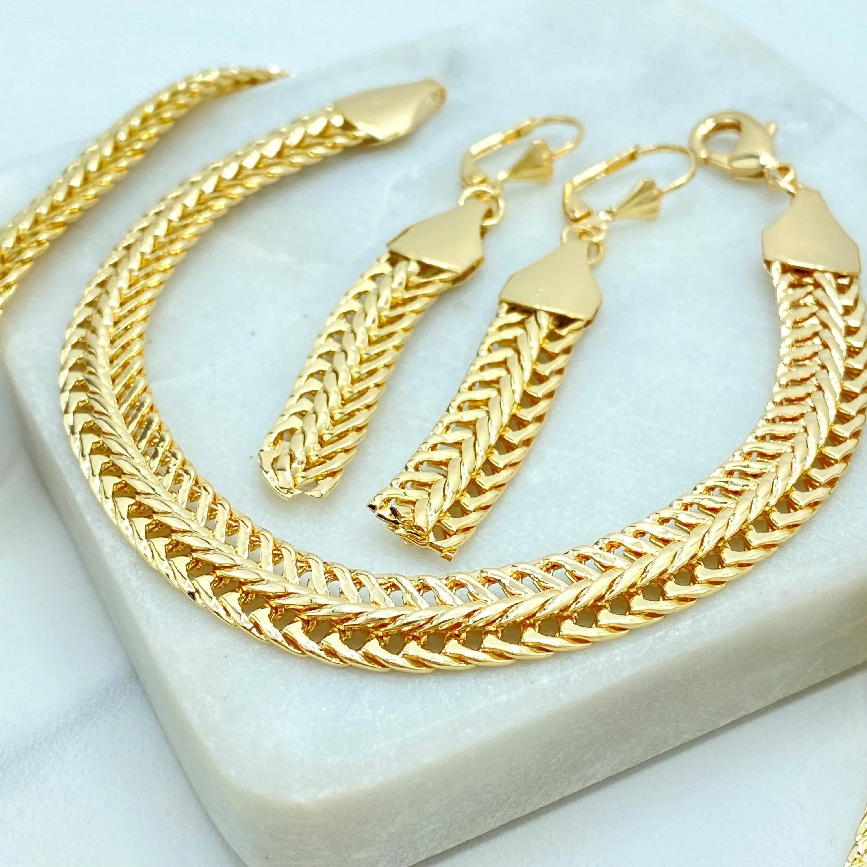 Luxus Accessories - Wholesale Jewelry Set - 18k Gold Filled Herringbone Chain Jewelry Set, Necklace Bracelet and Earrings, Flat Polished Gold Design1