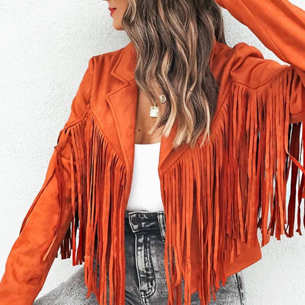 Long Sleeves Solid Color Split-Joint Tasseled Lapel Jackets for wholesale by Plush Looks