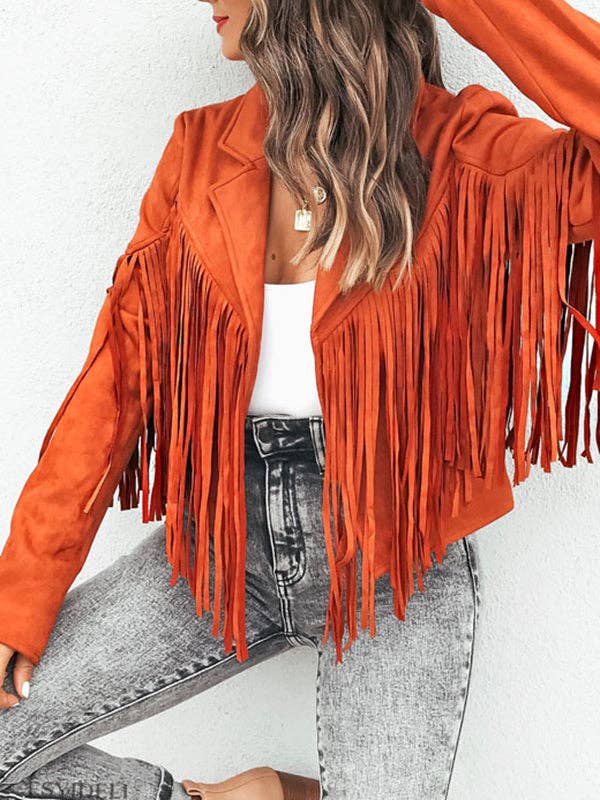 Plush Looks - Wholesale Jacket - Women's - Long Sleeves Solid Color Split-Joint Tasseled Lapel Jackets
