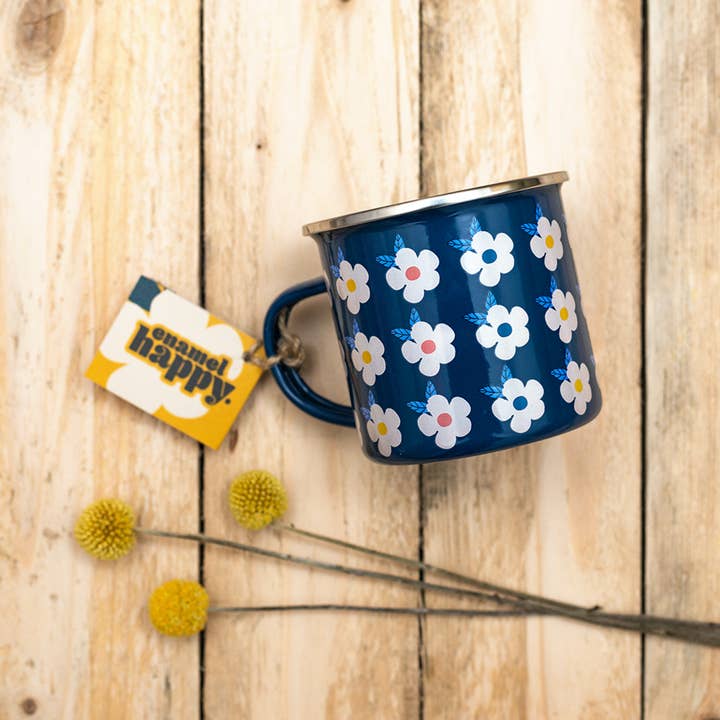 RETRO ENAMEL MUG NAVY BLUE - Daisy Flower Print Tin for wholesale by Enamelhappy