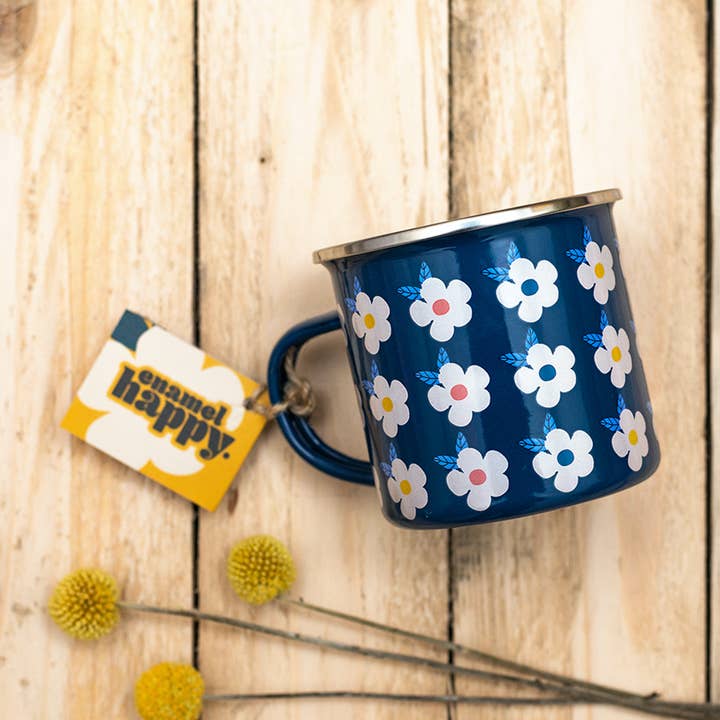 RETRO ENAMEL MUG NAVY BLUE - Daisy Flower Print Tin for wholesale by Enamelhappy