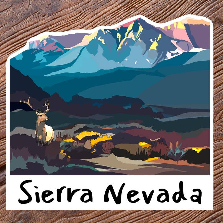 Autocollant des montagnes de la Sierra Nevada | Autocollant cerf et montagnes enneigées pour la vente par Wild Life Design Co.