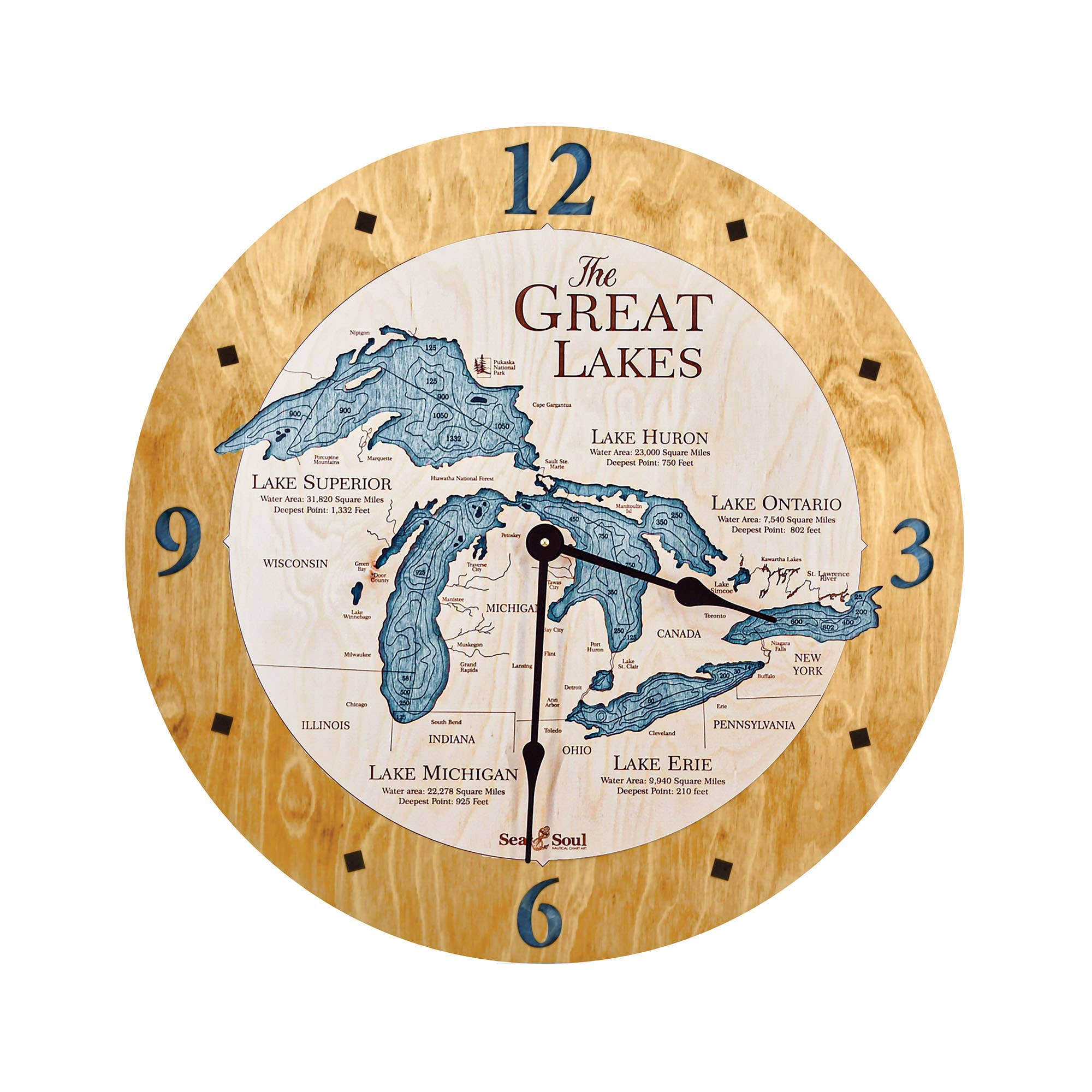 Sea & Soul Nautical Chart Art - Wholesale Muurklok - Great Lakes 3D Nautische kaart houten wandklok - 2 niveaus6